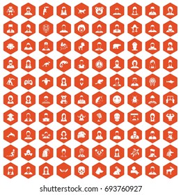 100 avatar icons set in orange hexagon isolated vector illustration