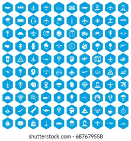 100 aviation icons set in blue hexagon isolated vector illustration