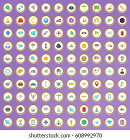 100 aviation icons set in cartoon style on purple background vector illustration