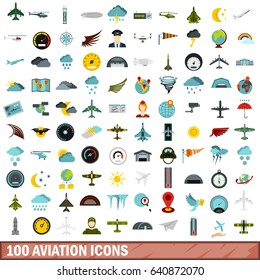 100 aviation icons set in flat style for any design vector illustration