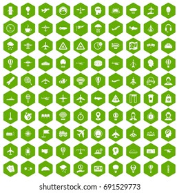 100 aviation icons set in green hexagon isolated vector illustration