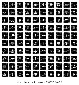 100 aviation icons set in grunge style isolated vector illustration