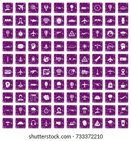 100 aviation icons set in grunge style purple color isolated on white background vector illustration