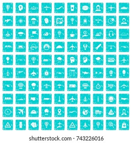 100 aviation icons set in grunge style blue color isolated on white background vector illustration