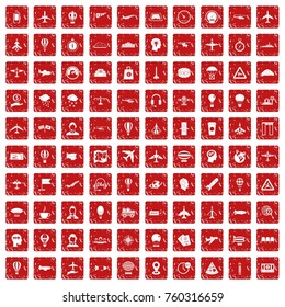 100 aviation icons set in grunge style red color isolated on white background vector illustration