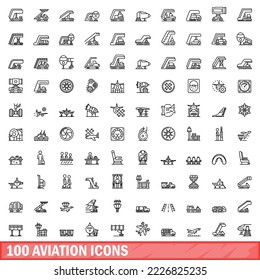 100 aviation icons set. Outline illustration of 100 aviation icons vector set isolated on white background