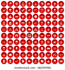 100 aviation icons set in red circle isolated on white vector illustration