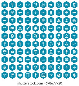 100 aviation icons set in sapphirine hexagon isolated vector illustration