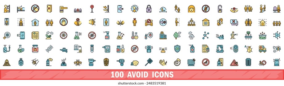 100 evitar conjunto de iconos. Línea de color conjunto de iconos de evitar vector línea fina de color plana en blanco