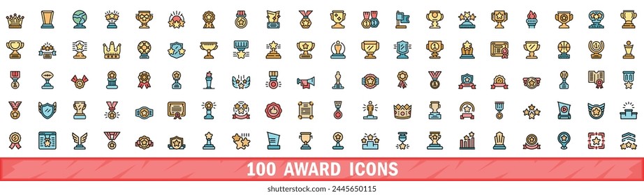 100 iconos de premio establecidos. Conjunto de línea de color de iconos de vector de premio línea fina de color plana en blanco