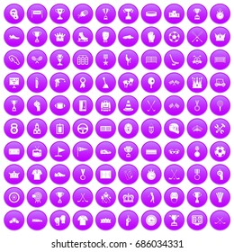 100 awards icons set in purple circle isolated on white vector illustration