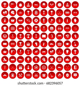 100 awards icons set in red circle isolated on white vector illustration