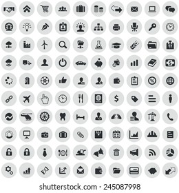 100 B2B icons, black on circle gray background 