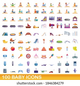 100 baby icons set. Cartoon illustration of 100 baby icons vector set isolated on white background