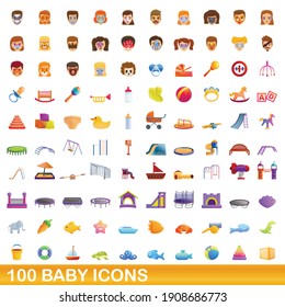 100 baby icons, set. Cartoon illustration of 100 baby icons vector set isolated on white background