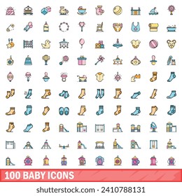 100 baby icons set. Color line set of baby vector icons thin line color flat on white