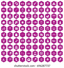 100 baby icons set in violet hexagon isolated vector illustration