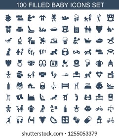 100 baby icons. Trendy baby icons white background. Included filled icons such as child bicycle, teddy bear, newborn child, baby hands, from toy for beach. baby icon for web and mobile.