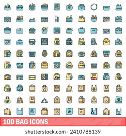 100 bag icons set. Color line set of bag vector icons thin line color flat on white