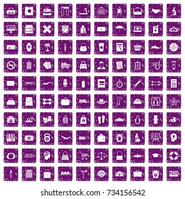 100 bag icons set in grunge style purple color isolated on white background vector illustration