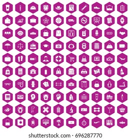 100 bag icons set in violet hexagon isolated vector illustration