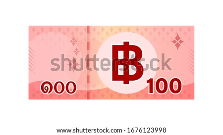 100 baht banknote money thai isolated on white, thai currency one hundred THB, money thailand baht for flat icon style, illustration paper money red with B symbol graphic, vector