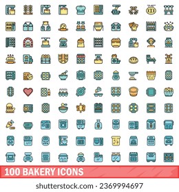 100 bakery icons set. Color line set of bakery vector icons thin line color flat on white