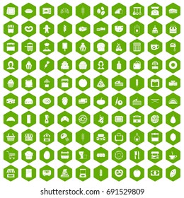 100 bakery icons set in green hexagon isolated vector illustration