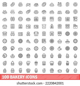 100 bakery icons set. Outline illustration of 100 bakery icons vector set isolated on white background