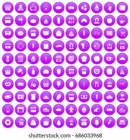 100 bakery icons set in purple circle isolated on white vector illustration