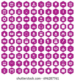 100 bakery icons set in violet hexagon isolated vector illustration