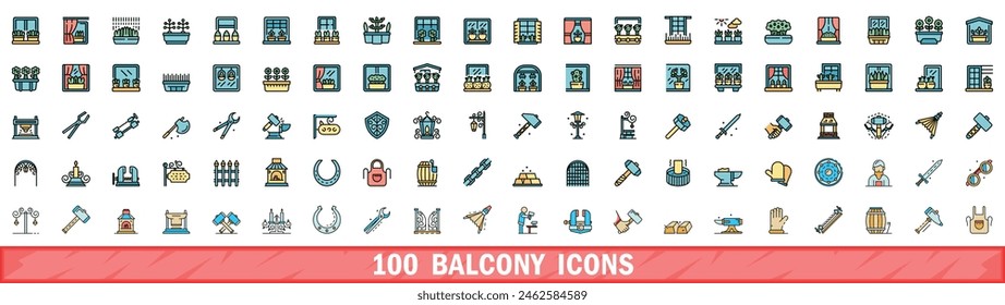 100 balcony icons set. Color line set of balcony vector icons thin line color flat on white