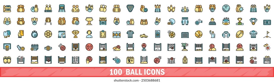 100 ball icons set. Color line set of ball vector icons thin line color flat on white