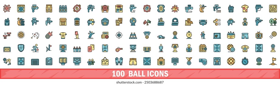 100 ball icons set. Color line set of ball vector icons thin line color flat on white