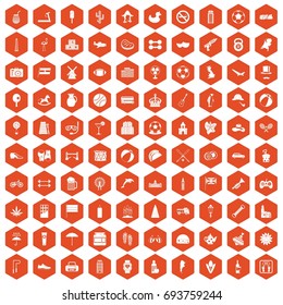 100 ball icons set in orange hexagon isolated vector illustration