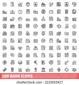 100 Banksymbole gesetzt. Rahmengrafik von 100 Bank-Symbolen, Vektorset einzeln auf weißem Hintergrund