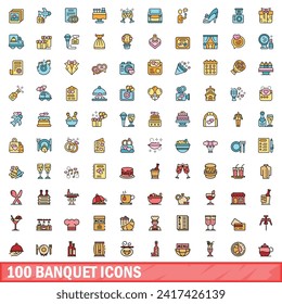 100 iconos de banquete. Conjunto de líneas de color de iconos vectoriales de banquete color de línea delgada plano sobre blanco