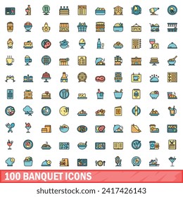 100 banquet icons set. Color line set of banquet vector icons thin line color flat on white