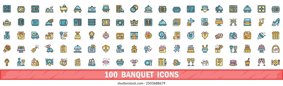 100 banquet icons set. Color line set of banquet vector icons thin line color flat on white