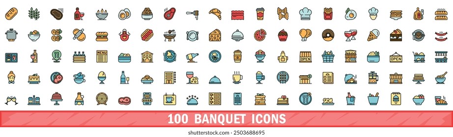 100 banquet icons set. Color line set of banquet vector icons thin line color flat on white