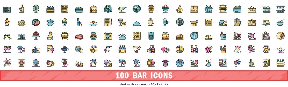 100 bar icons set. Color line set of bar vector icons thin line color flat on white