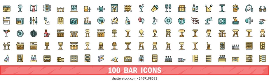 100 bar icons set. Color line set of bar vector icons thin line color flat on white