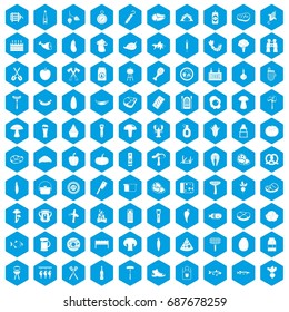 100 barbecue icons set in blue hexagon isolated vector illustration