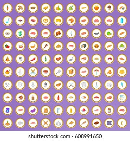 100 barbecue icons set in cartoon style on purple background vector illustration