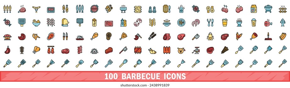 100 barbecue icons set. Color line set of barbecue vector icons thin line color flat on white