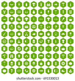 100 barbecue icons set in green hexagon isolated vector illustration