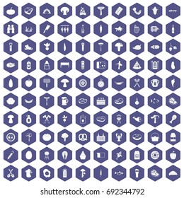 100 barbecue icons set in purple hexagon isolated vector illustration