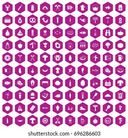 100 barbecue icons set in violet hexagon isolated vector illustration