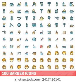 100 barber icons set. Color line set of barber vector icons thin line color flat on white