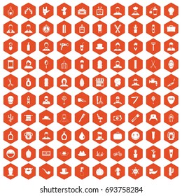 100 barber icons set in orange hexagon isolated vector illustration